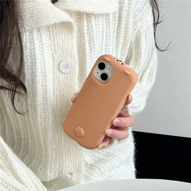 For iPhone 15 Silicone Case Cute Sleeping Milk Tea Bear Design Shockproof Phone Back Cover