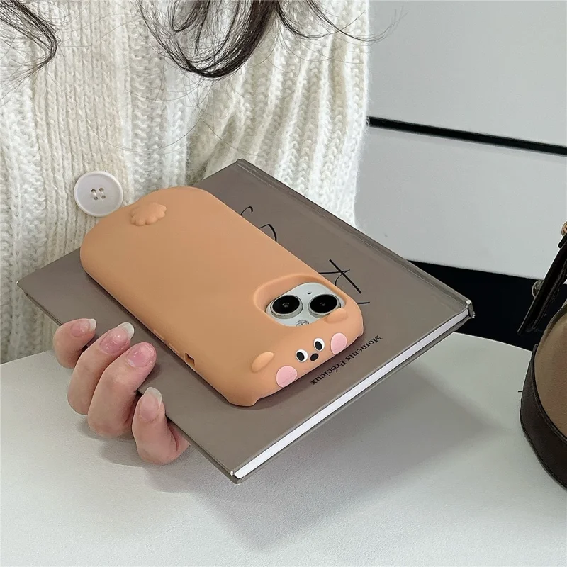 For iPhone 15 Silicone Case Cute Sleeping Milk Tea Bear Design Shockproof Phone Back Cover