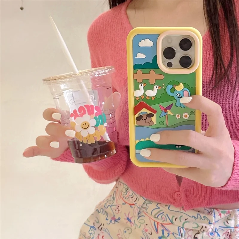 Étui en silicone pour iPhone 15 Pro Max Design Mignon d'Animaux de la Ferme Coque Arrière Antichoc