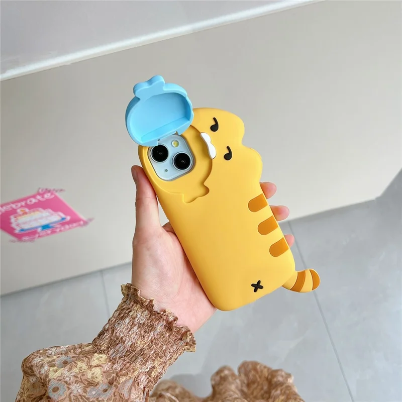 For iPhone 15 Plus Silicone Case Cat Eating Fish Design Lens Cover Kickstand Phone Back Cover