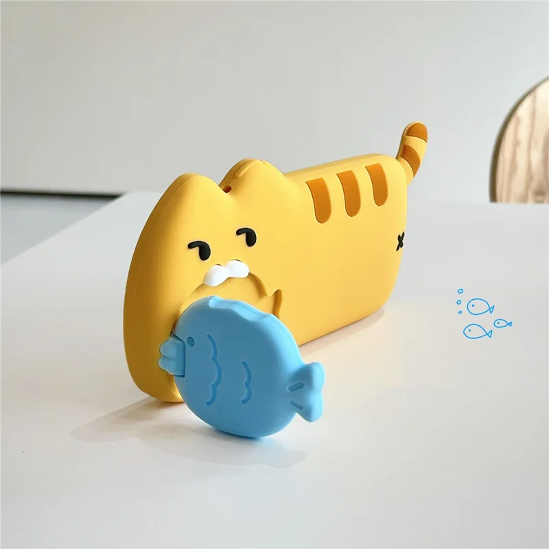For iPhone 15 Plus Silicone Case Cat Eating Fish Design Lens Cover Kickstand Phone Back Cover