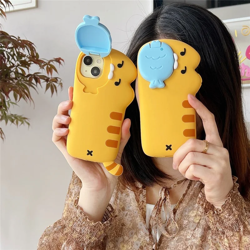 For iPhone 15 Plus Silicone Case Cat Eating Fish Design Lens Cover Kickstand Phone Back Cover