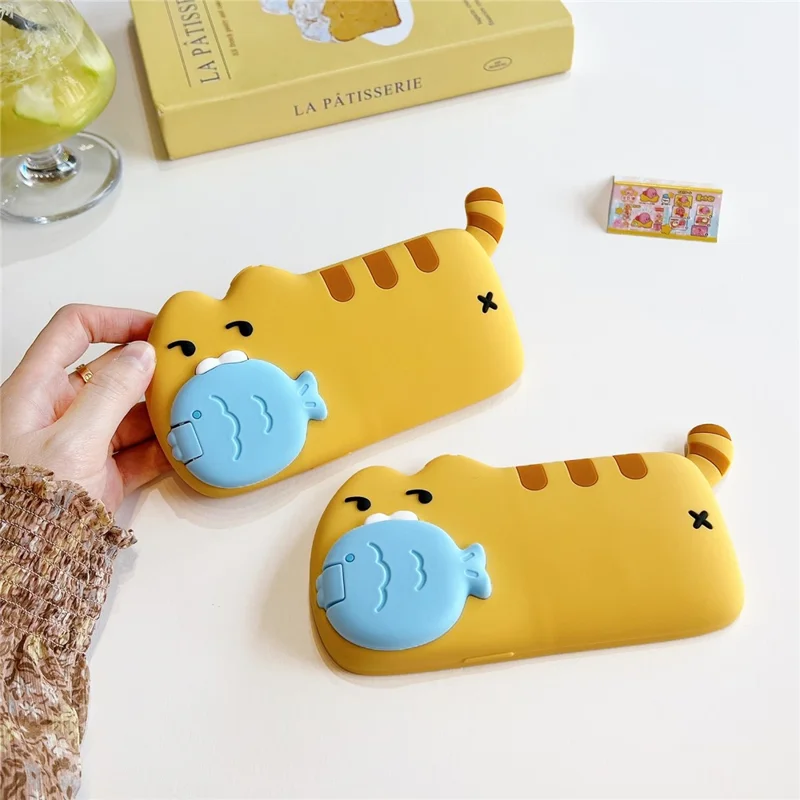 For iPhone 15 Plus Silicone Case Cat Eating Fish Design Lens Cover Kickstand Phone Back Cover