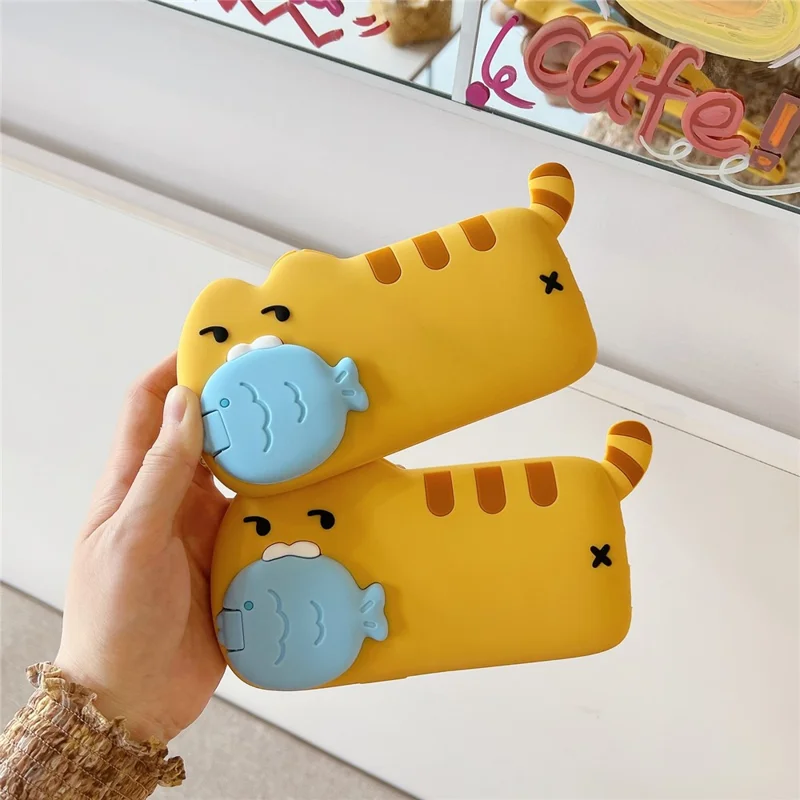 For iPhone 15 Plus Silicone Case Cat Eating Fish Design Lens Cover Kickstand Phone Back Cover