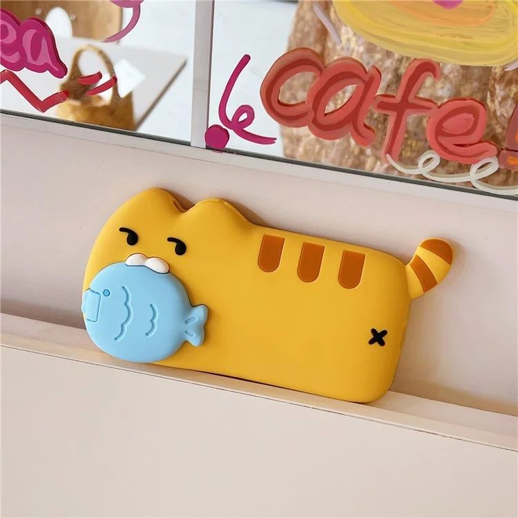 For iPhone 15 Silicone Case Cat Eating Fish Design Lens Cover Kickstand Phone Back Cover