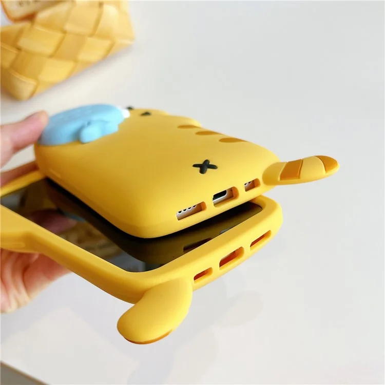 For iPhone 15 Silicone Case Cat Eating Fish Design Lens Cover Kickstand Phone Back Cover