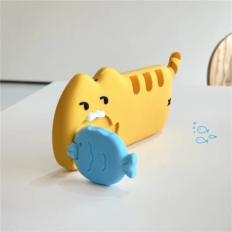 For iPhone 15 Silicone Case Cat Eating Fish Design Lens Cover Kickstand Phone Back Cover