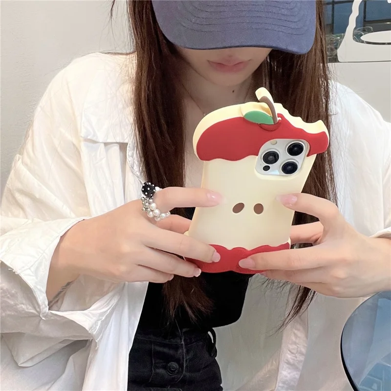 For iPhone 16 Pro Max Silicone Case Cute Eaten Apple Design Shockproof Phone Back Cover