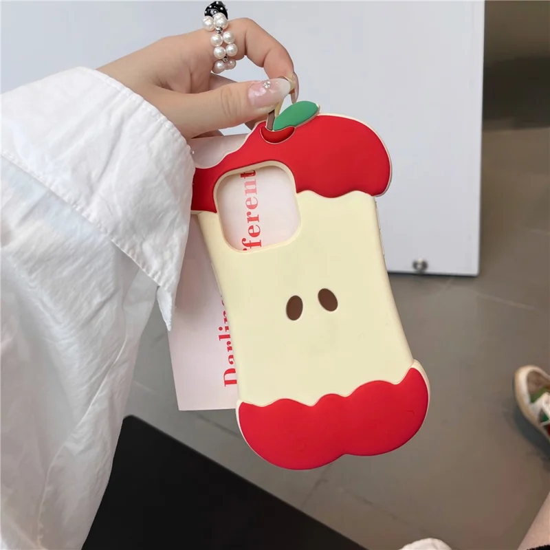 For iPhone 16 Pro Max Silicone Case Cute Eaten Apple Design Shockproof Phone Back Cover