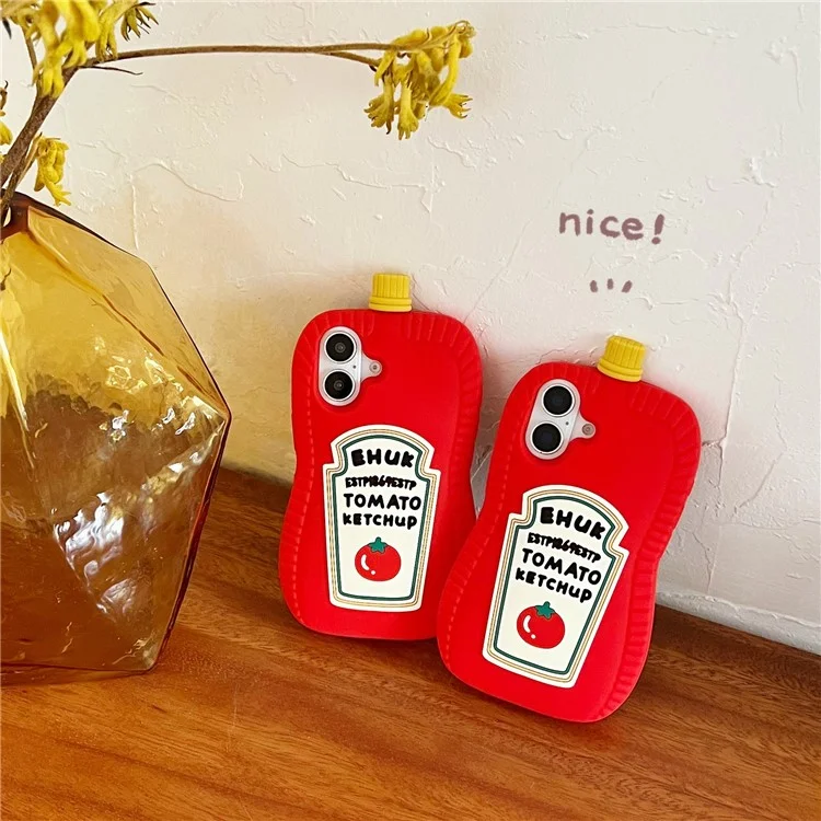 For iPhone 16 Silicone Case Cute Ketchup Bottle Design Shockproof Phone Back Cover