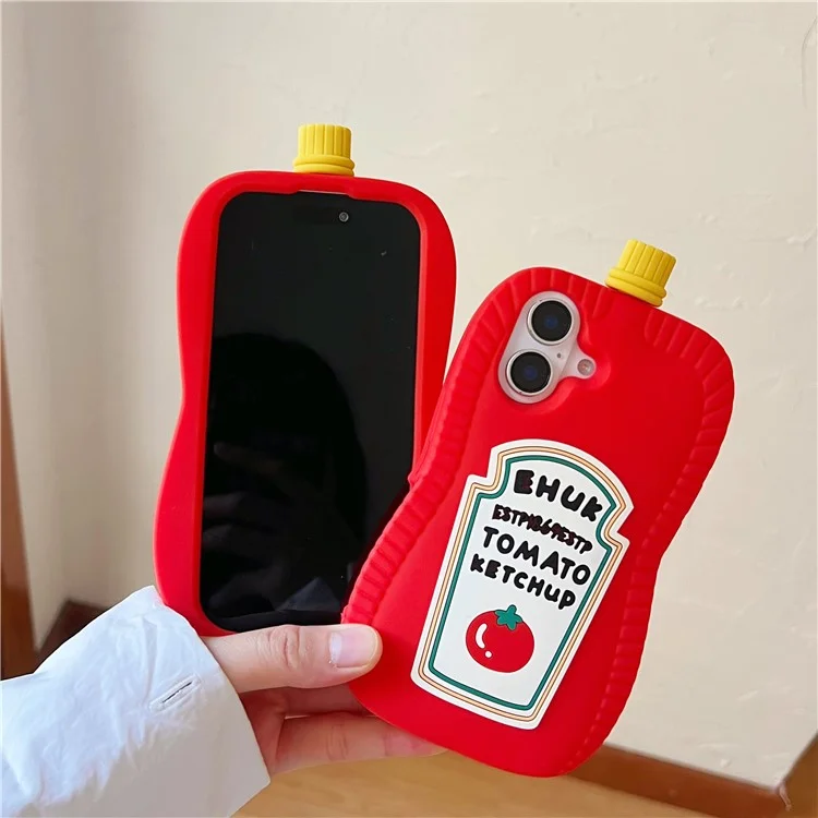 For iPhone 16 Silicone Case Cute Ketchup Bottle Design Shockproof Phone Back Cover