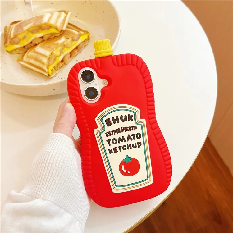 For iPhone 16 Silicone Case Cute Ketchup Bottle Design Shockproof Phone Back Cover