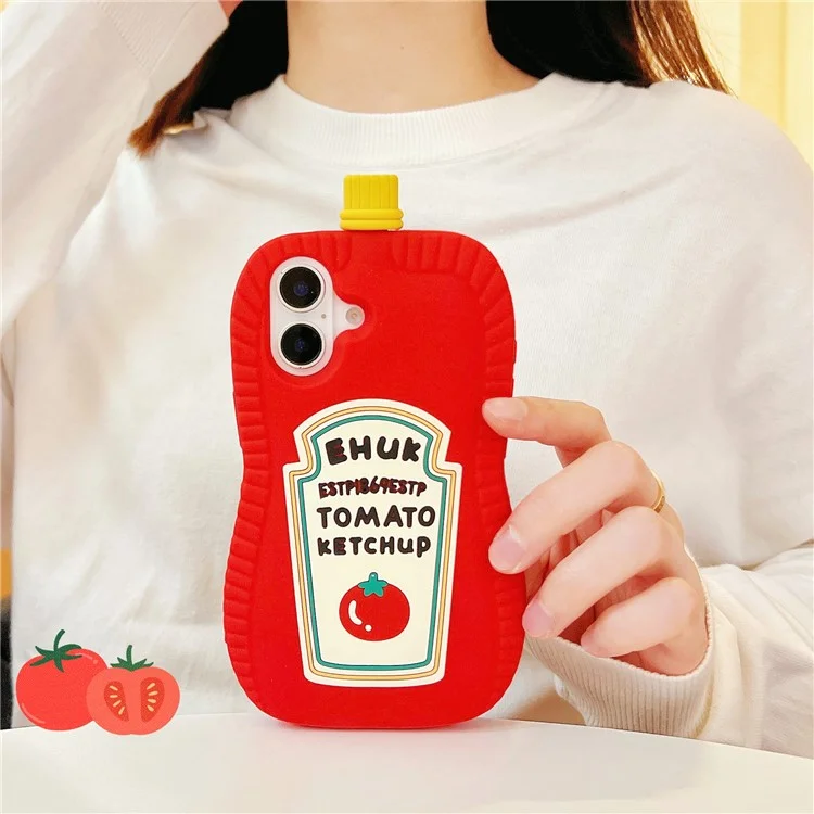 For iPhone 16 Silicone Case Cute Ketchup Bottle Design Shockproof Phone Back Cover