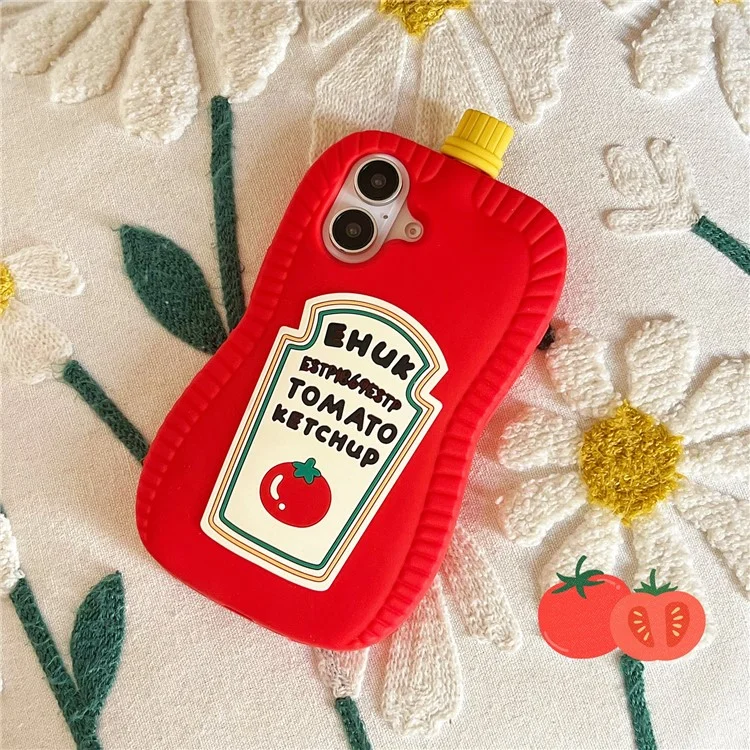 For iPhone 16 Silicone Case Cute Ketchup Bottle Design Shockproof Phone Back Cover