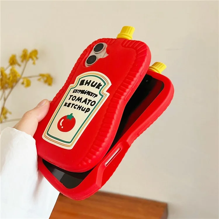For iPhone 16 Silicone Case Cute Ketchup Bottle Design Shockproof Phone Back Cover