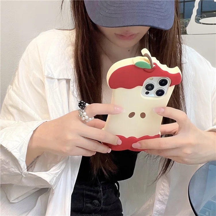 For iPhone 15 Pro Silicone Case Cute Eaten Apple Design Shockproof Phone Back Cover