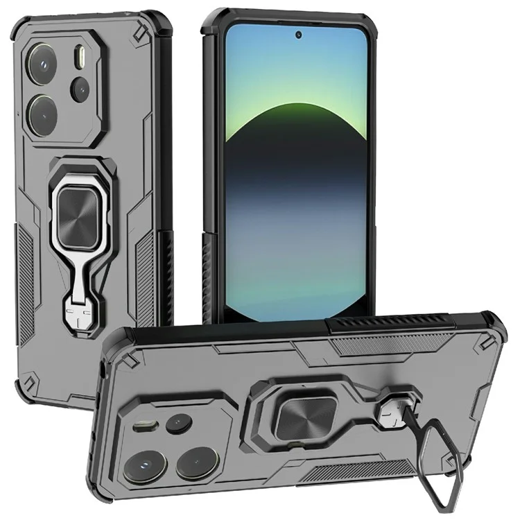 Per Xiaomi Redmi Note 14 4G (164,84 mm) Cover con Anello Rotante e Supporto Pieghevole PC + TPU Antiurto - Nero