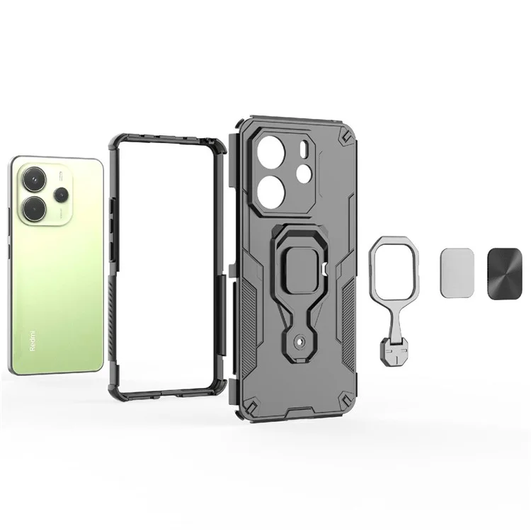 Per Xiaomi Redmi Note 14 4G (164,84 mm) Cover con Anello Rotante e Supporto Pieghevole PC + TPU Antiurto - Nero