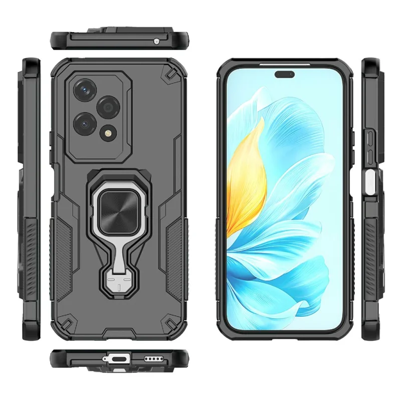 For Honor 200 Lite Case Rotatable Ring Kickstand PC + TPU Shockproof Phone Cover - Black