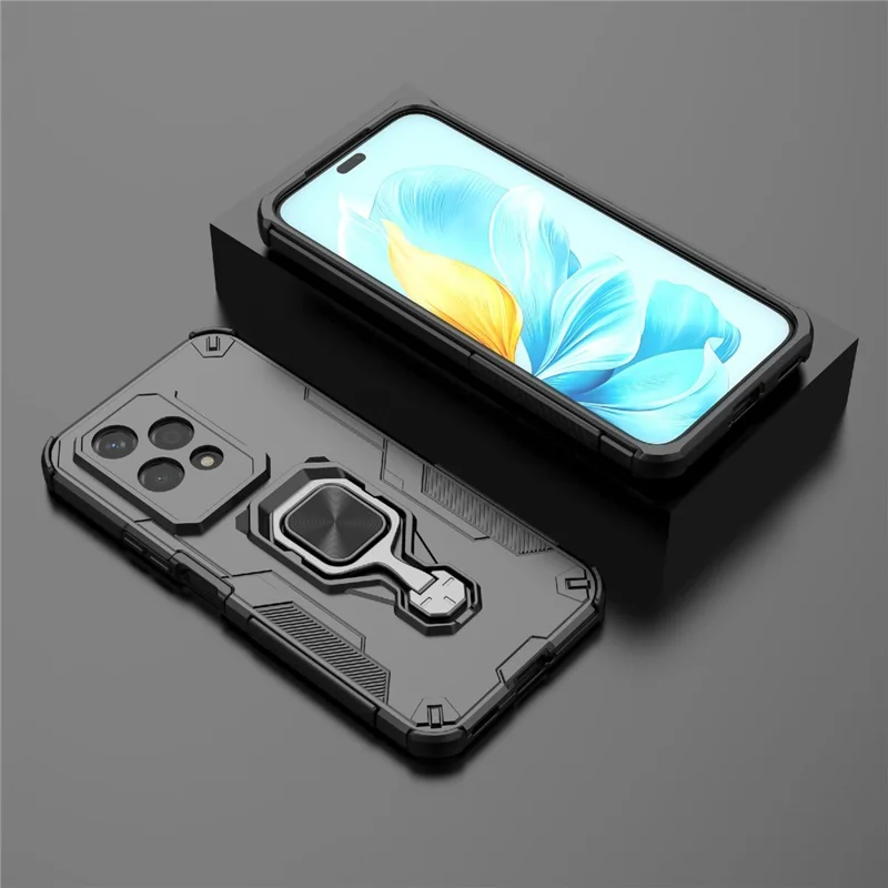 For Honor 200 Lite Case Rotatable Ring Kickstand PC + TPU Shockproof Phone Cover - Black
