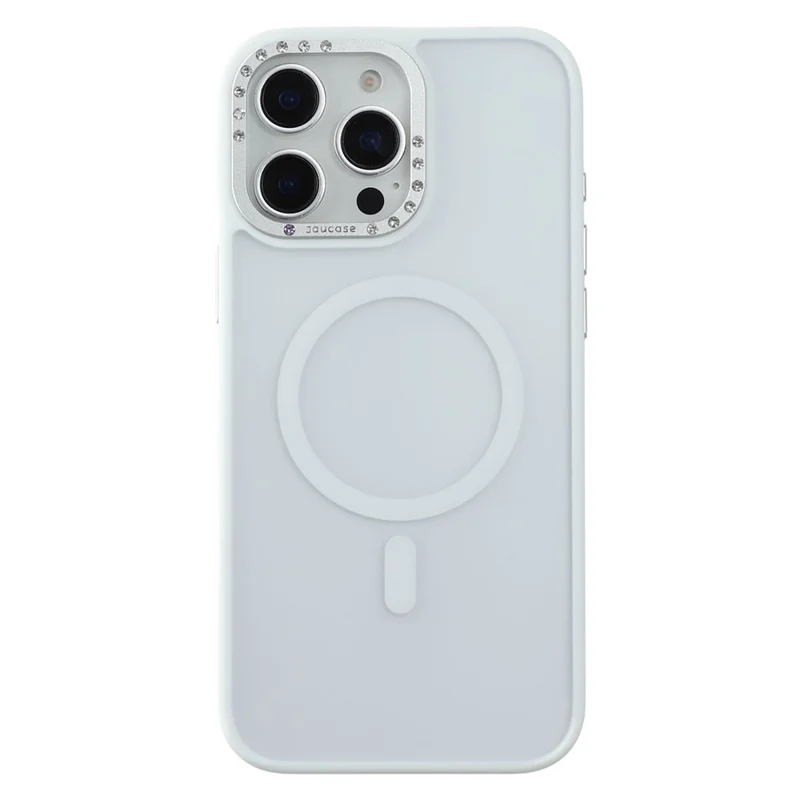 JAUCASE For iPhone 15 Pro Max Magnetic Case Rhinestone Decor Lens Frame TPU + PC Phone Back Cover - White