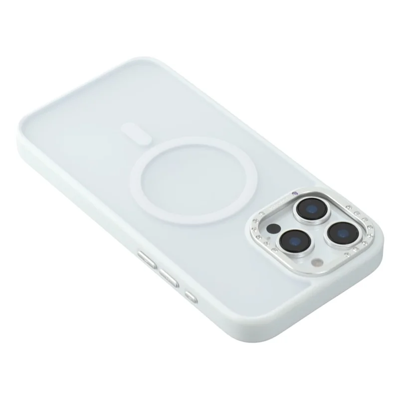 JAUCASE For iPhone 14 Pro Max Magnetic Case Rhinestone Decor Lens Frame TPU + PC Phone Back Cover - White