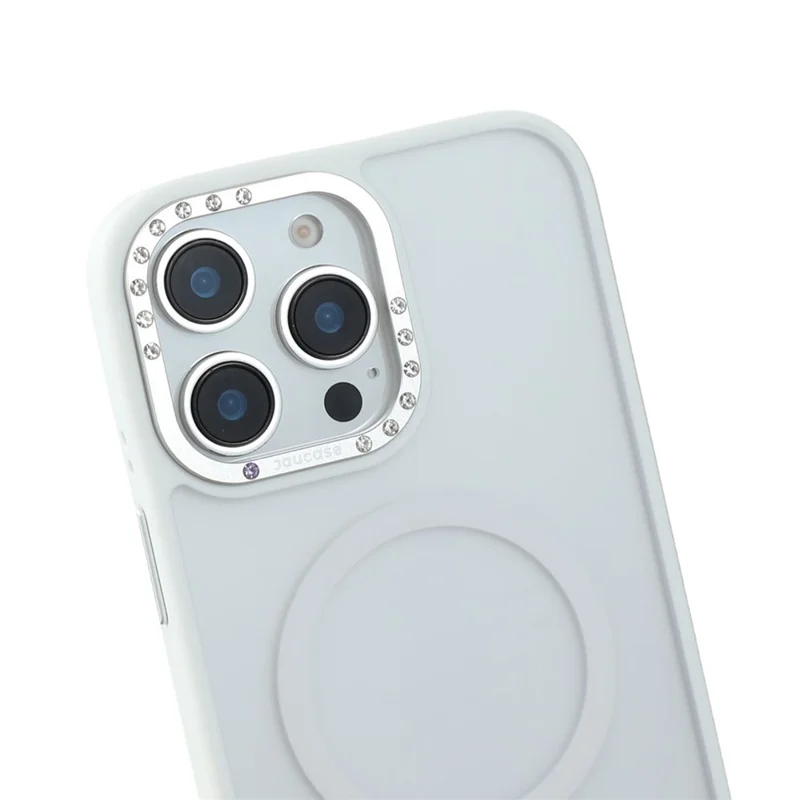 JAUCASE For iPhone 14 Pro Max Magnetic Case Rhinestone Decor Lens Frame TPU + PC Phone Back Cover - White