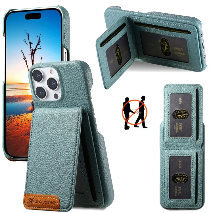 For iPhone 15 Pro Max Case RFID Blocking Card Holder Litchi Texture Leather Back Cover - Sky Blue