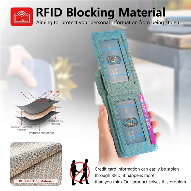 For iPhone 15 Pro Max Case RFID Blocking Card Holder Litchi Texture Leather Back Cover - Sky Blue