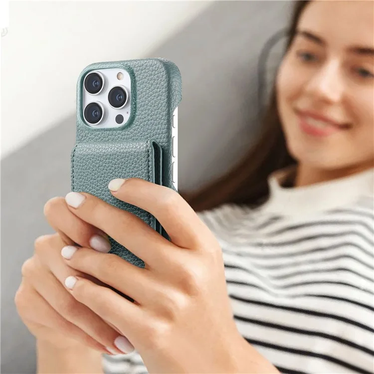 For iPhone 15 Pro Max Case RFID Blocking Card Holder Litchi Texture Leather Back Cover - Sky Blue