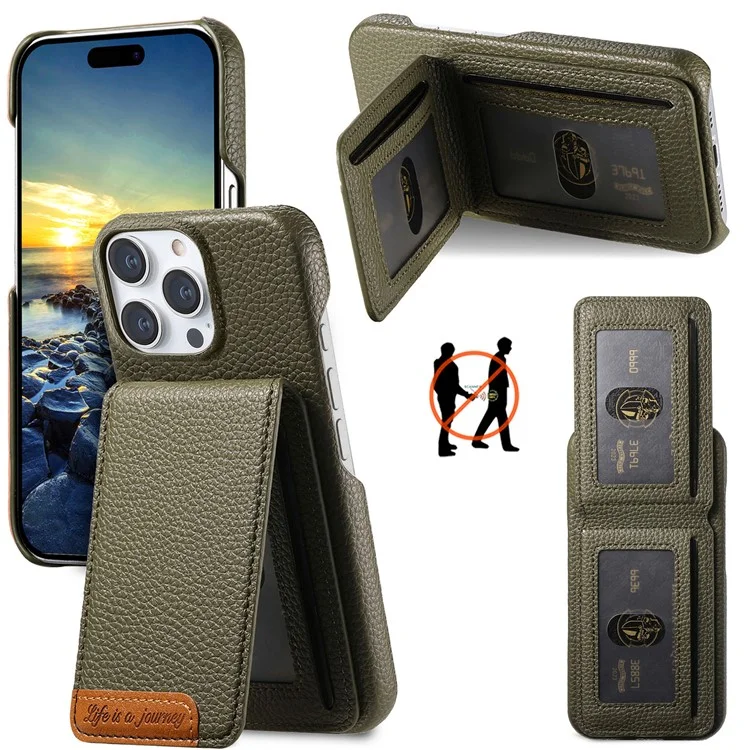For iPhone 15 Pro Case RFID Blocking Card Holder Litchi Texture Leather Back Cover - Midnight Green