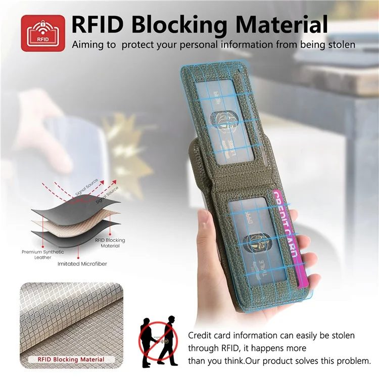 For iPhone 15 Pro Case RFID Blocking Card Holder Litchi Texture Leather Back Cover - Midnight Green