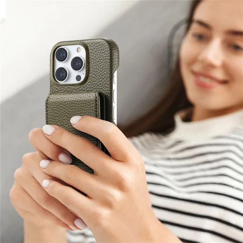 For iPhone 15 Pro Case RFID Blocking Card Holder Litchi Texture Leather Back Cover - Midnight Green