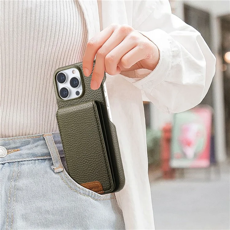 For iPhone 15 Pro Case RFID Blocking Card Holder Litchi Texture Leather Back Cover - Midnight Green