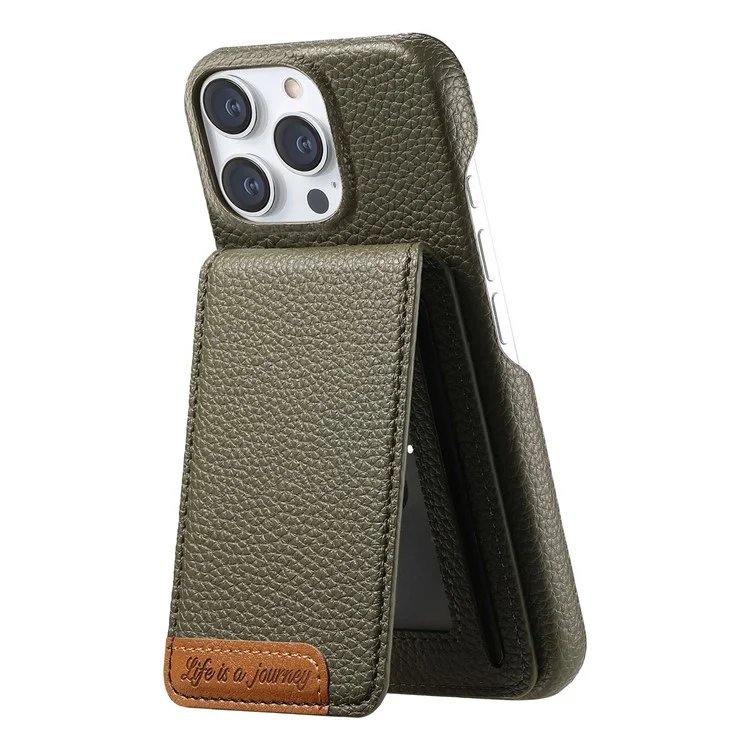 For iPhone 15 Pro Case RFID Blocking Card Holder Litchi Texture Leather Back Cover - Midnight Green