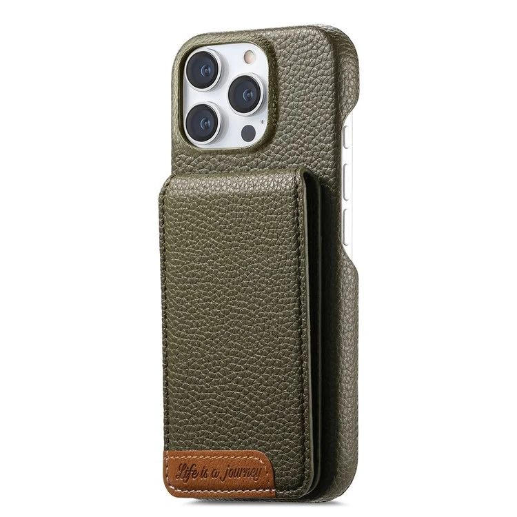 For iPhone 15 Pro Case RFID Blocking Card Holder Litchi Texture Leather Back Cover - Midnight Green