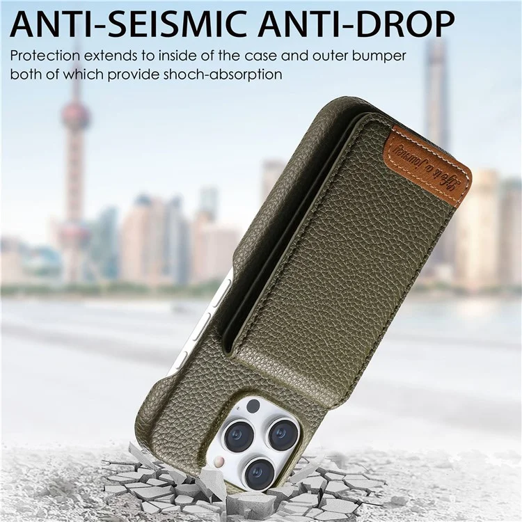 For iPhone 15 Pro Case RFID Blocking Card Holder Litchi Texture Leather Back Cover - Midnight Green