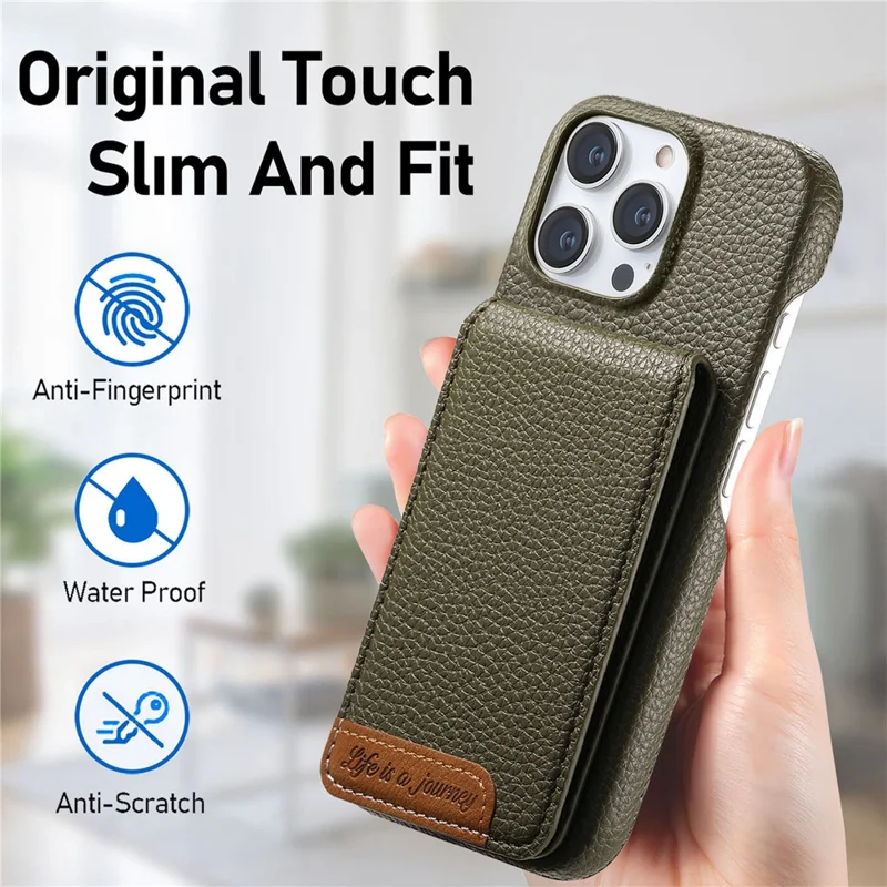 For iPhone 15 Pro Case RFID Blocking Card Holder Litchi Texture Leather Back Cover - Midnight Green