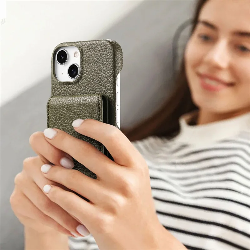 For iPhone 15 Case RFID Blocking Card Holder Litchi Texture Leather Back Cover - Midnight Green