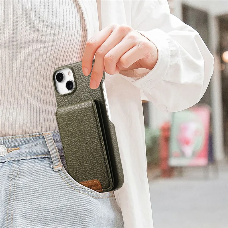 For iPhone 15 Case RFID Blocking Card Holder Litchi Texture Leather Back Cover - Midnight Green