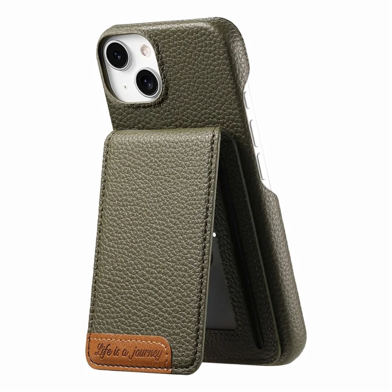 For iPhone 15 Case RFID Blocking Card Holder Litchi Texture Leather Back Cover - Midnight Green