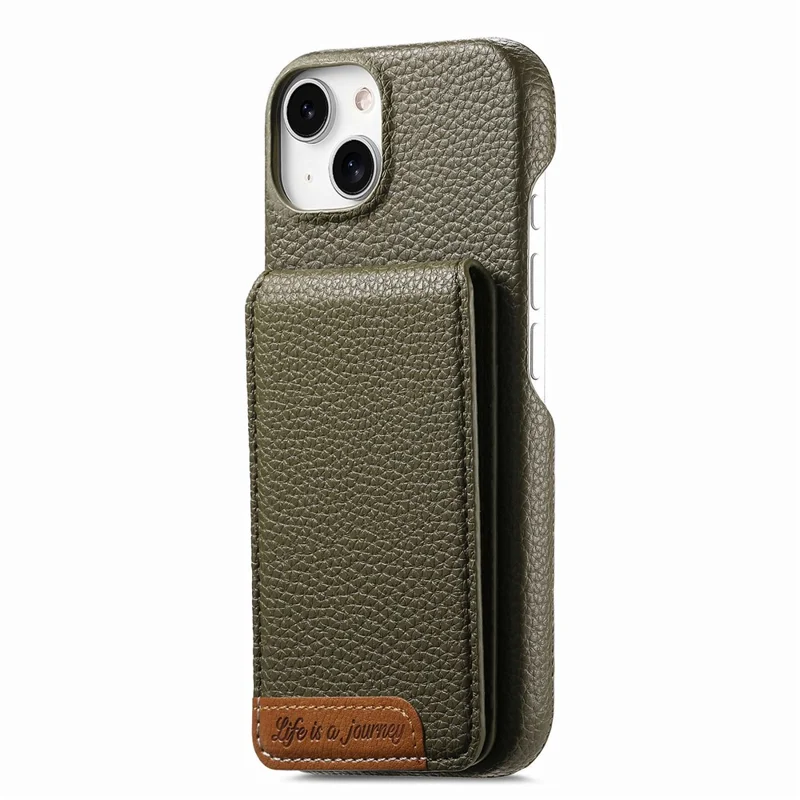 For iPhone 15 Case RFID Blocking Card Holder Litchi Texture Leather Back Cover - Midnight Green