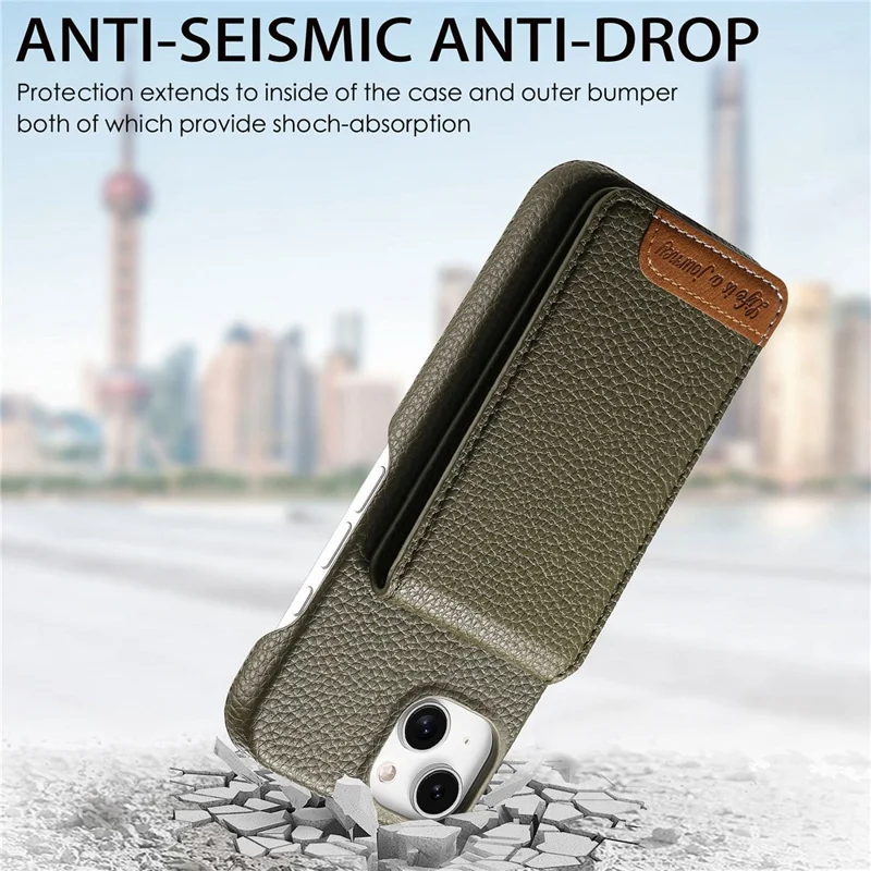 For iPhone 15 Case RFID Blocking Card Holder Litchi Texture Leather Back Cover - Midnight Green