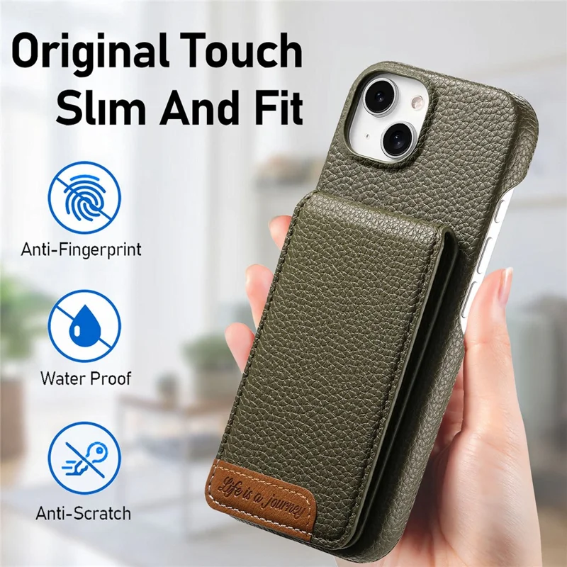 For iPhone 15 Case RFID Blocking Card Holder Litchi Texture Leather Back Cover - Midnight Green