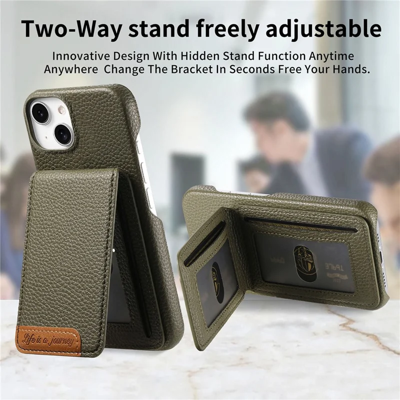 For iPhone 15 Case RFID Blocking Card Holder Litchi Texture Leather Back Cover - Midnight Green