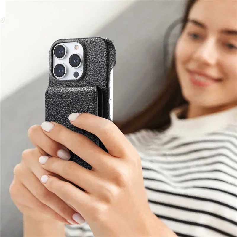 For iPhone 16 Pro Max Case RFID Blocking Card Holder Litchi Texture Leather Back Cover - Black