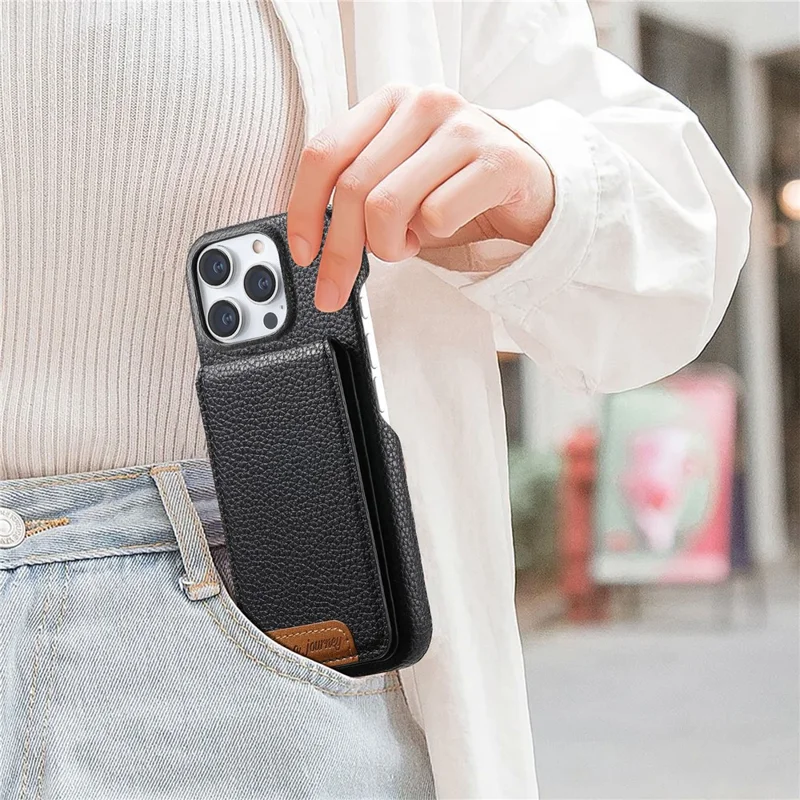 For iPhone 16 Pro Max Case RFID Blocking Card Holder Litchi Texture Leather Back Cover - Black