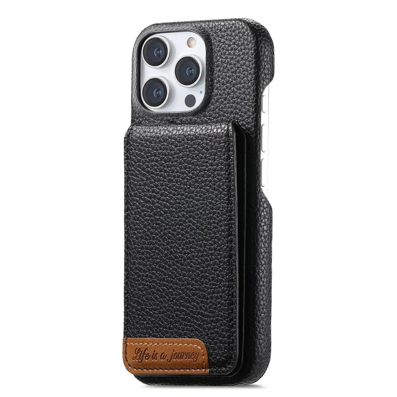 For iPhone 16 Pro Max Case RFID Blocking Card Holder Litchi Texture Leather Back Cover - Black