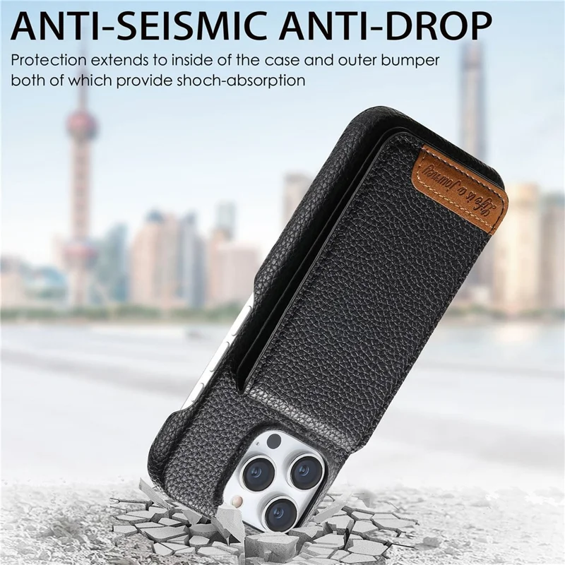 For iPhone 16 Pro Max Case RFID Blocking Card Holder Litchi Texture Leather Back Cover - Black