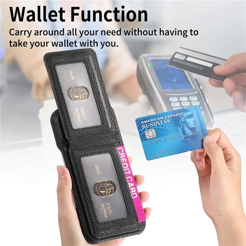 For iPhone 16 Pro Max Case RFID Blocking Card Holder Litchi Texture Leather Back Cover - Black
